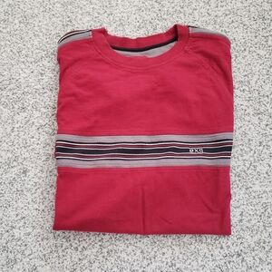 Mens red XG short sleeve T shirt with navy, grey and white stripes …